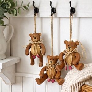 Rustic Wood Teddy Bear Ornaments Set 3 Farmhouse Cottage Decor